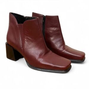 Vintage Y2K 90s Genuine Leather Red Boots Block Heel Platform Chunky Square Toe